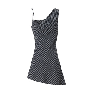 introutro夏季不对称肩带收腰显瘦百搭通勤中长款格子连衣裙女