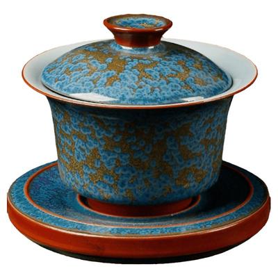 容山堂固德窑变蓝玉家用单个盖碗