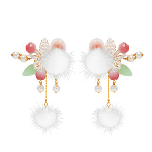 汉服头饰女儿童可爱毛球冬季发夹女童新年粉色珍珠古风流苏发饰品