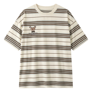 2026初夏设计感日系半袖卡通宽松休闲条纹短袖t恤女圆领刺绣上衣