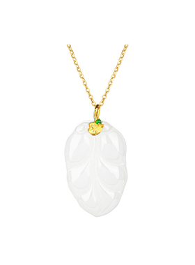 18k金和田玉树叶吊坠女