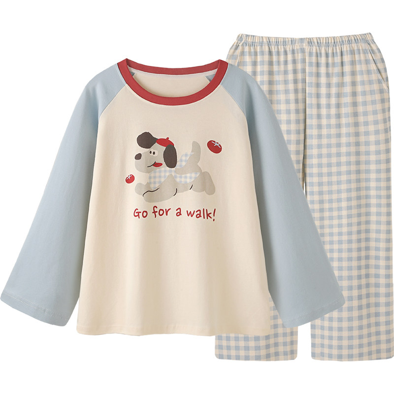 『吃番茄の狗』时尚卡通格纹情侣睡衣女春秋男长袖带胸垫家居服套