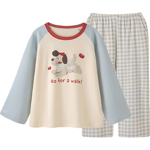 『吃番茄の狗』时尚卡通格纹情侣睡衣女春秋男长袖带胸垫家居服套