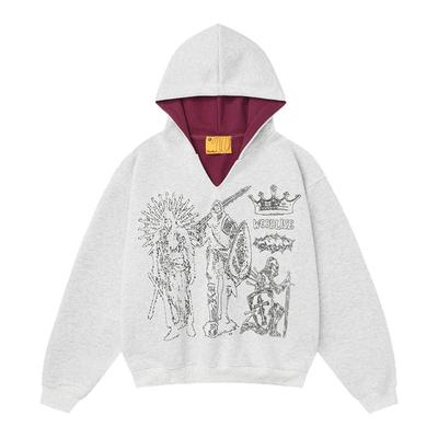 阿荒与阿卤*美式盾牌骑士笔绘印花复古宽连帽V领设计感卫衣外套