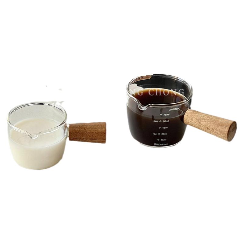 日式木柄小奶盅玻璃小奶罐咖啡牛奶萃取杯带刻度迷你木把酱料汁盅