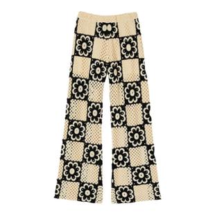 SANDRO Outlets春夏女装法式气质花朵镂空高腰阔腿休闲针织长裤