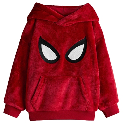 HM童装儿童男童卫衣冬季红色刺绣图案毛绒连帽衫1316112