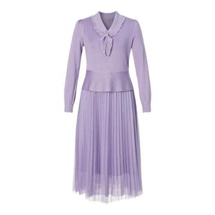 koradior珂莱蒂尔秋季丝缕紫韵优雅羊毛长袖拼接百褶连衣裙女