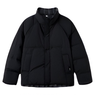 快鱼羽绒服男款2025年新款美式立领面包服拼接衬衫假两件加厚外套