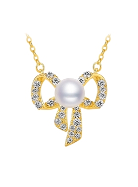 周六福S925银黄金色淡水珍珠蝴蝶结项链女官方正品圣诞礼物