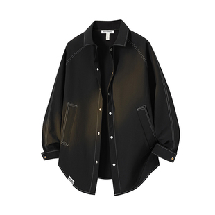 马克华菲翻领衬衫男士休闲春秋季开衫外套男款中长款美式潮流上衣