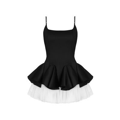 VOCK 山茶花 暗黑千金拼接网纱蓬蓬裙连衣裙收腰法式赫本风小礼服