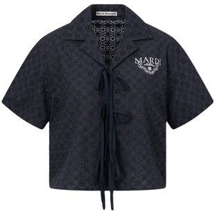 MardiMercredi徽章绣花蝴蝶结系带镂空短袖衬衫上衣女航海水手领