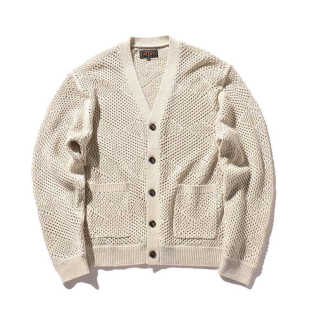 BEAMS PLUS Cardigan 男款 米色镂空V领单排扣合身长袖针织开衫