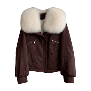 狐狸毛领鹅绒内胆羽绒服麂皮绒休闲夹克2025新款皮草毛毛外套女冬
