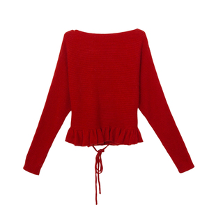 ENJOYME商场同款简约下摆花边系带针织毛衣2025冬季纯色长袖上衣