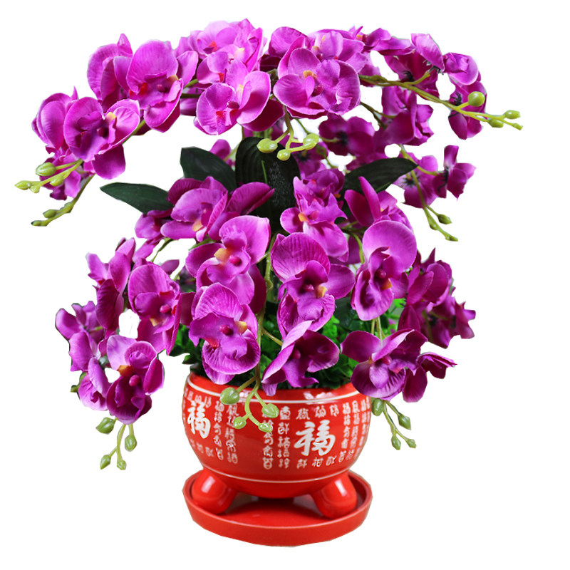仿真花蝴蝶兰红色陶瓷花盆室内客厅绢花摆设婚庆新房装饰送礼花艺