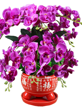 仿真花蝴蝶兰红色陶瓷花盆室内客厅绢花摆设婚庆新房装饰送礼花艺
