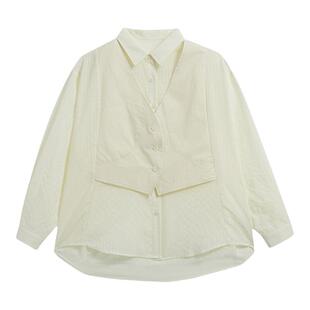 UnBleu假两件衬衫女春秋新品高级气质轻奢女装暗格纹黑色上衣