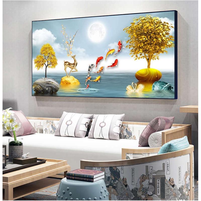 5D满钻客厅招财餐厅发财麋鹿2025新款九鱼图钻石画现代贴钻十字绣