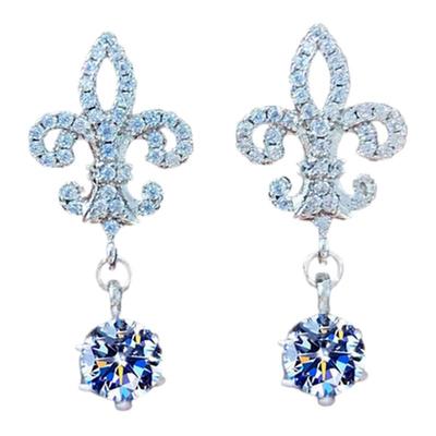 王后鸢尾花流苏耳钉 女纯银玫瑰金18K黄金色镶钻耳环耳饰复古高级