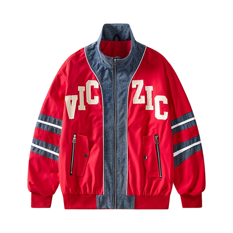 美式宽松牛仔拼接字母刺绣棒球服