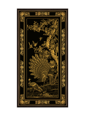 复古中式堆漆描金花鸟四联漆屏