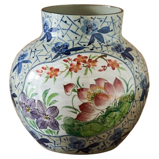 梵悦 手绘粗陶花卉荷花鸢尾花桃花大花瓶不漏水鲜花花器花插