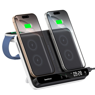 SwanScout710A Dual Phone Wireless Charging Station for iPhone17, iWatch11, Samsung S25/Z Fold & Buds