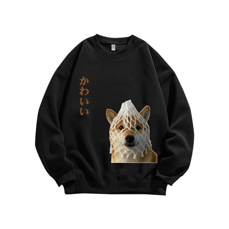 搞怪头套狗柴犬网红表情美式重磅纯棉宽松长袖T恤秋季圆领卫衣男