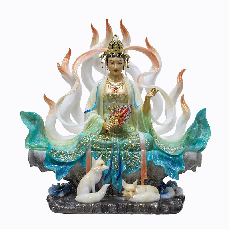 汉白玉九尾狐娘娘神像供奉摆件
