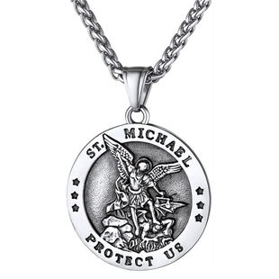圣米迦勒天使长圆牌项链欧美风复古嘻哈潮流男女个性钛钢吊坠饰品