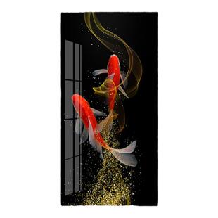 轻奢锦鲤入户玄关装饰画双鱼生财客厅走廊尽头画背景墙晶瓷画竖版