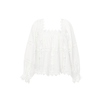 TOP家 松弛态度 法式复古优雅 浪漫a摆蕾丝拼接宽松亚麻方领衬衫