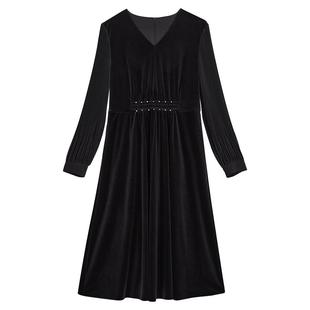 【醋酸系列】YINER音儿专选女装冬季时尚钻饰V领小黑裙丝绒连衣裙