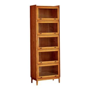 实木书柜家用玻璃门展示柜酒柜收纳窄立柜木柜翻门书架防尘置物柜