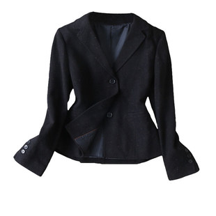 帅气又雅致~通勤羊毛呢夹花点子纱两粒扣修身短款西装外套女春秋