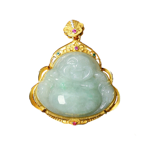 天然A货翡翠缅甸料雕刻弥勒佛纯银镶嵌吊坠 女款翡翠佛公挂坠饰品