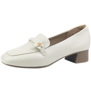 万里新款复古真皮单鞋女舒适一脚蹬粗跟鞋方头通勤低帮鞋SDT2811