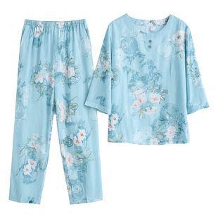 中老年妈妈睡衣女夏季薄款外出棉绸中袖两件套宽松绵绸家居服套装