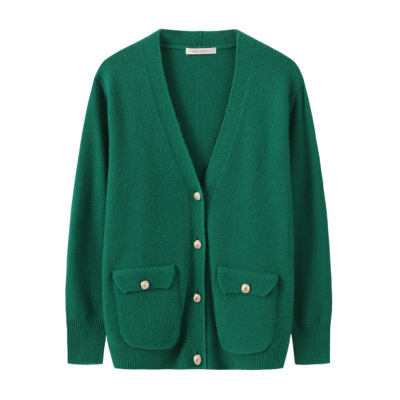 春竹25春秋新款100%山羊绒V领加厚气质小香风针织开衫毛衣外套女