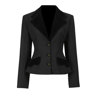 复古翻领黑色收腰修身小西装外套