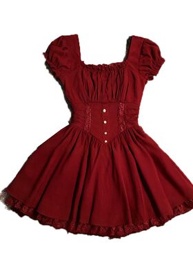 轻亚少女红色甜美显瘦方领礼服裙