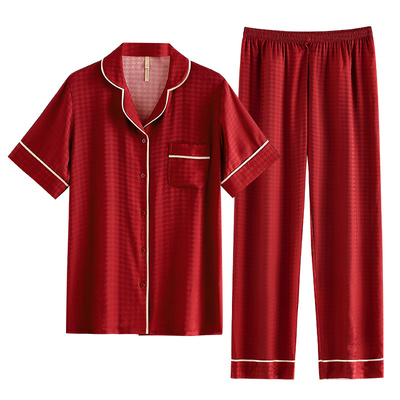 冰丝睡衣男红色丝绸短袖长裤套装