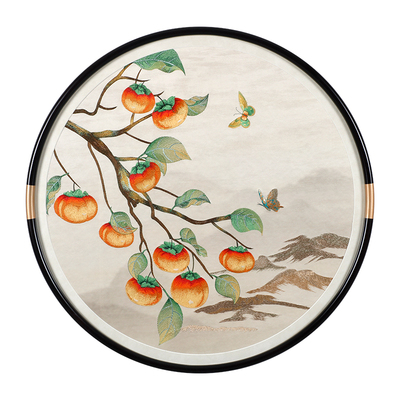 新中式精品织锦绣圆形玄关装饰画