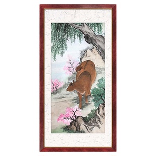 牛的画 手绘十二生肖黄牛图 柳树画 牧牛图 老黄牛画 田园风光画