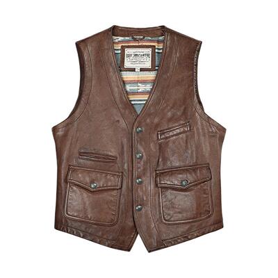 MCS男装源自万宝路水洗绵羊皮背心美式复古四袋秋季新款皮马甲男