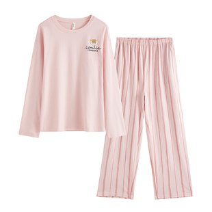 康妮雅睡衣女秋季纯棉长袖长裤新款圆领居家条纹休闲家居服套装