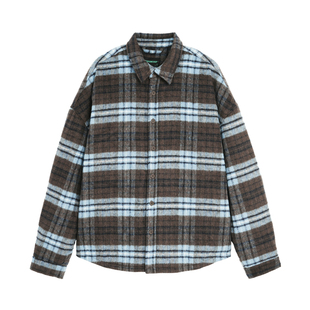 bdpowerup格纹羊毛加厚长袖衬衫男秋冬新款男女通款宽松毛呢外套