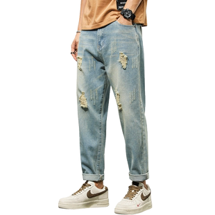 罗蒙破洞牛仔裤男士2026新款潮流百搭直筒春秋款复古九分裤子男款